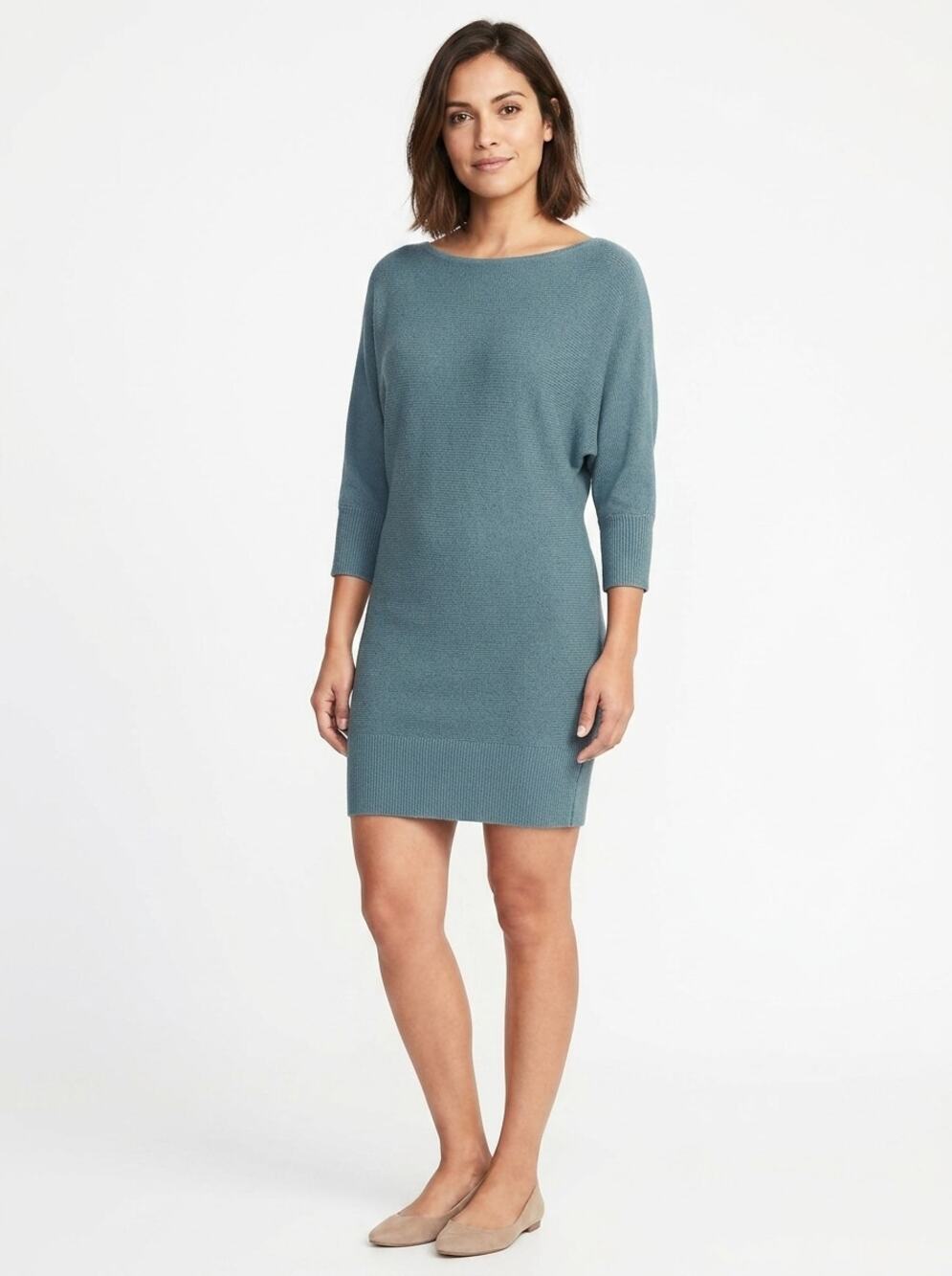 Ann Taylor Blue Knit Dolman Sleeve Boat Neck Sweater Dress Women Size M
